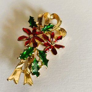 Vintage GERRY Brooch Christmas Poinsettia and Holly Enamel Brooch EUC